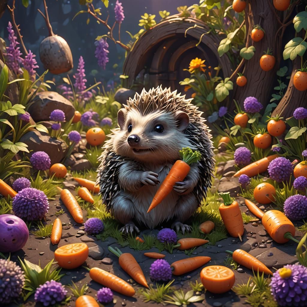 Cute Hedgehog Eating Carrot in 3D Cartoon Style