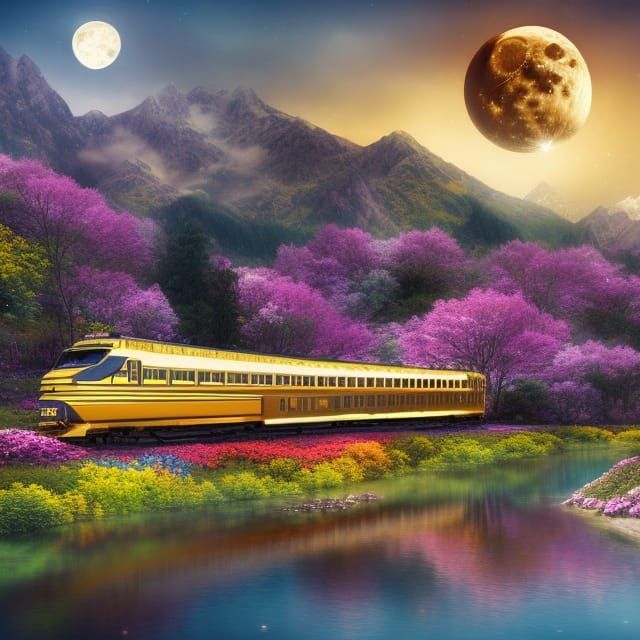 Royal Golden Train at Moonlit Mountain River