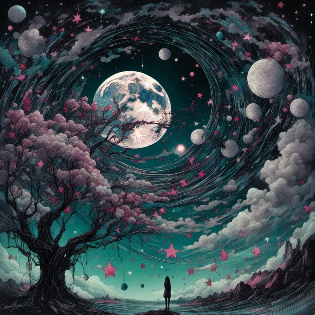 Intricate Moon in Starry Sky: Gouache Painting