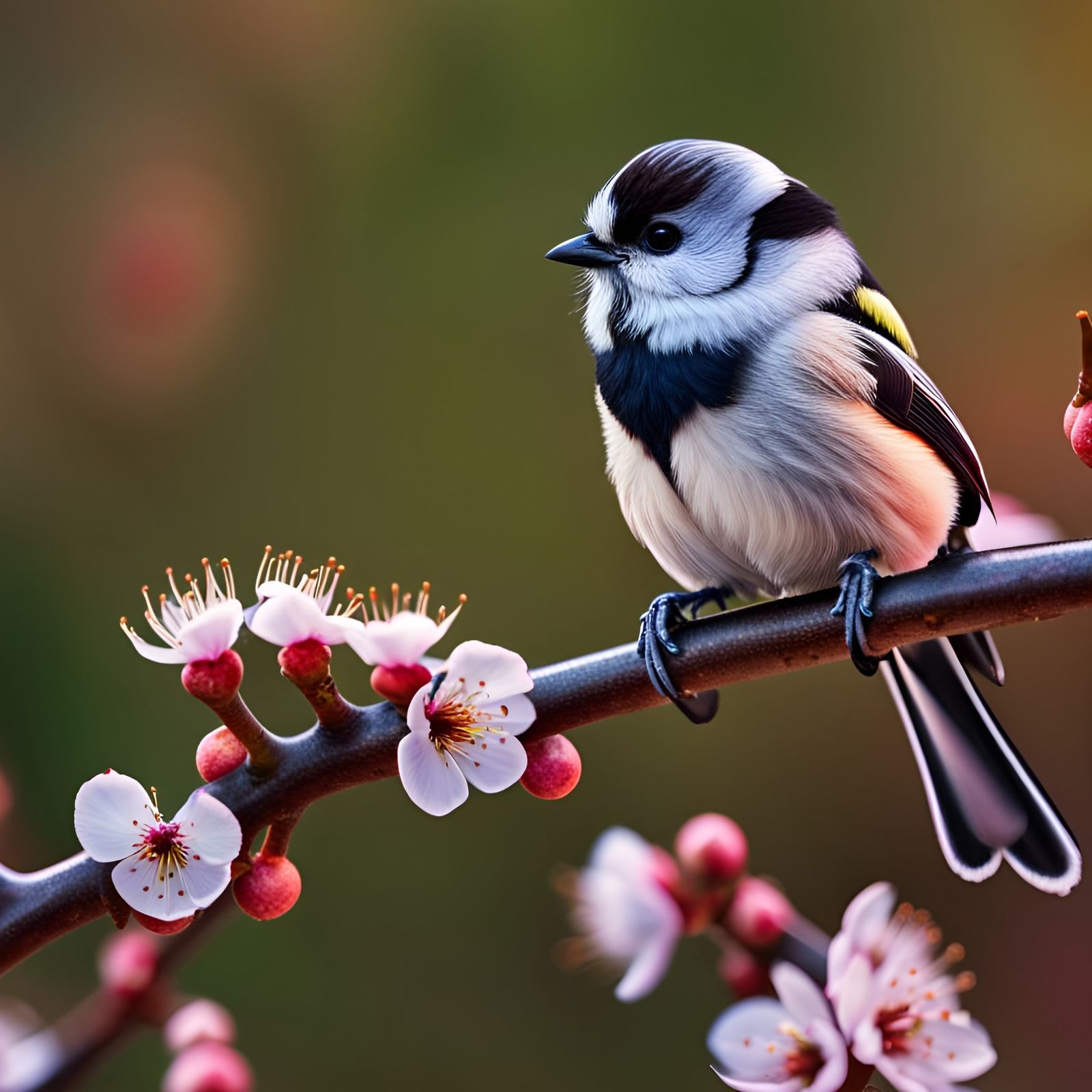 Japanese Tomtit on Cherry Branch: Photorealistic 16K