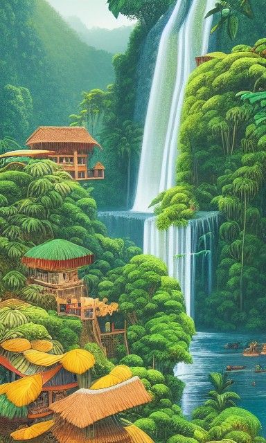 Tropical Jungle Village Matte Painting