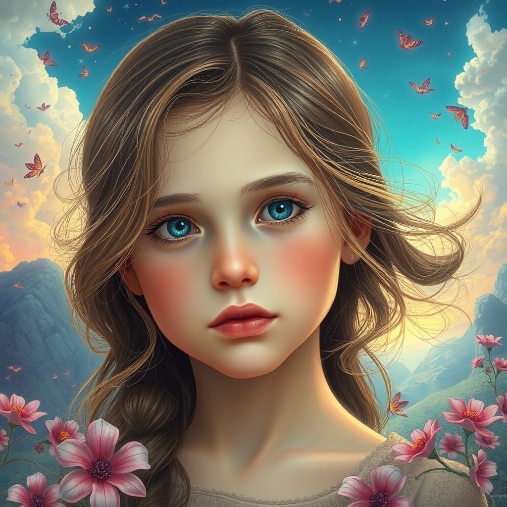 Surreal Girl in Dreamlike Landscape, Digital Art