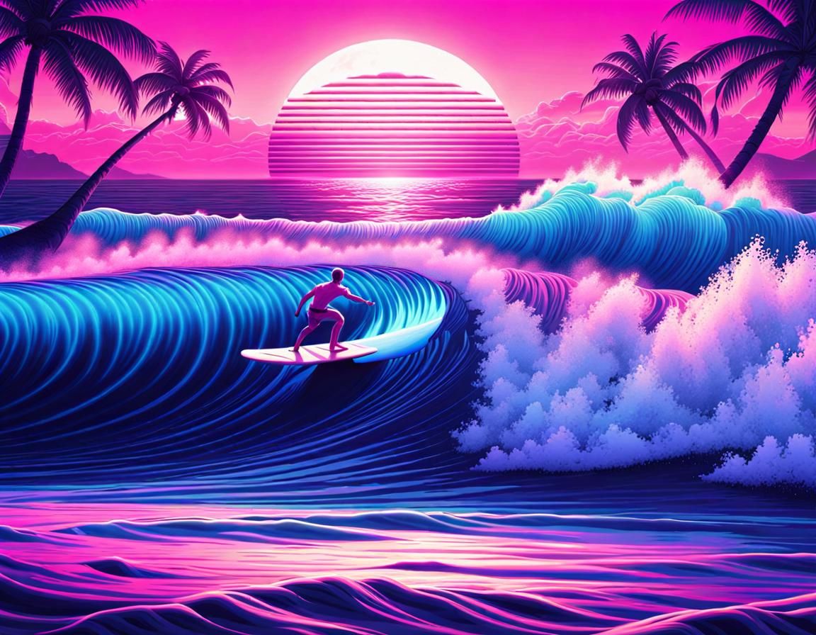 Alien Surfing a Vaporwave Wave at Sunset