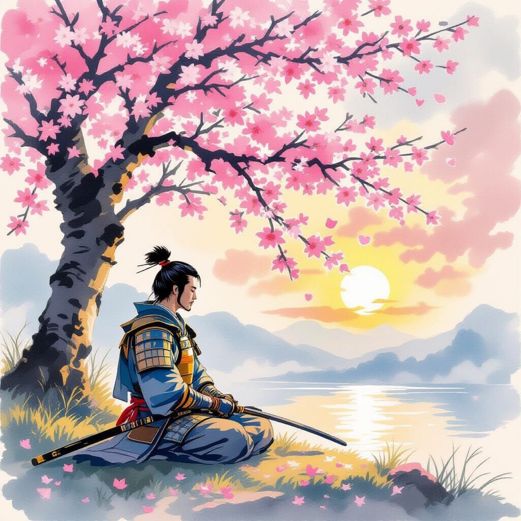 Samurai Meditating Under Cherry Blossoms in Sunset Glow