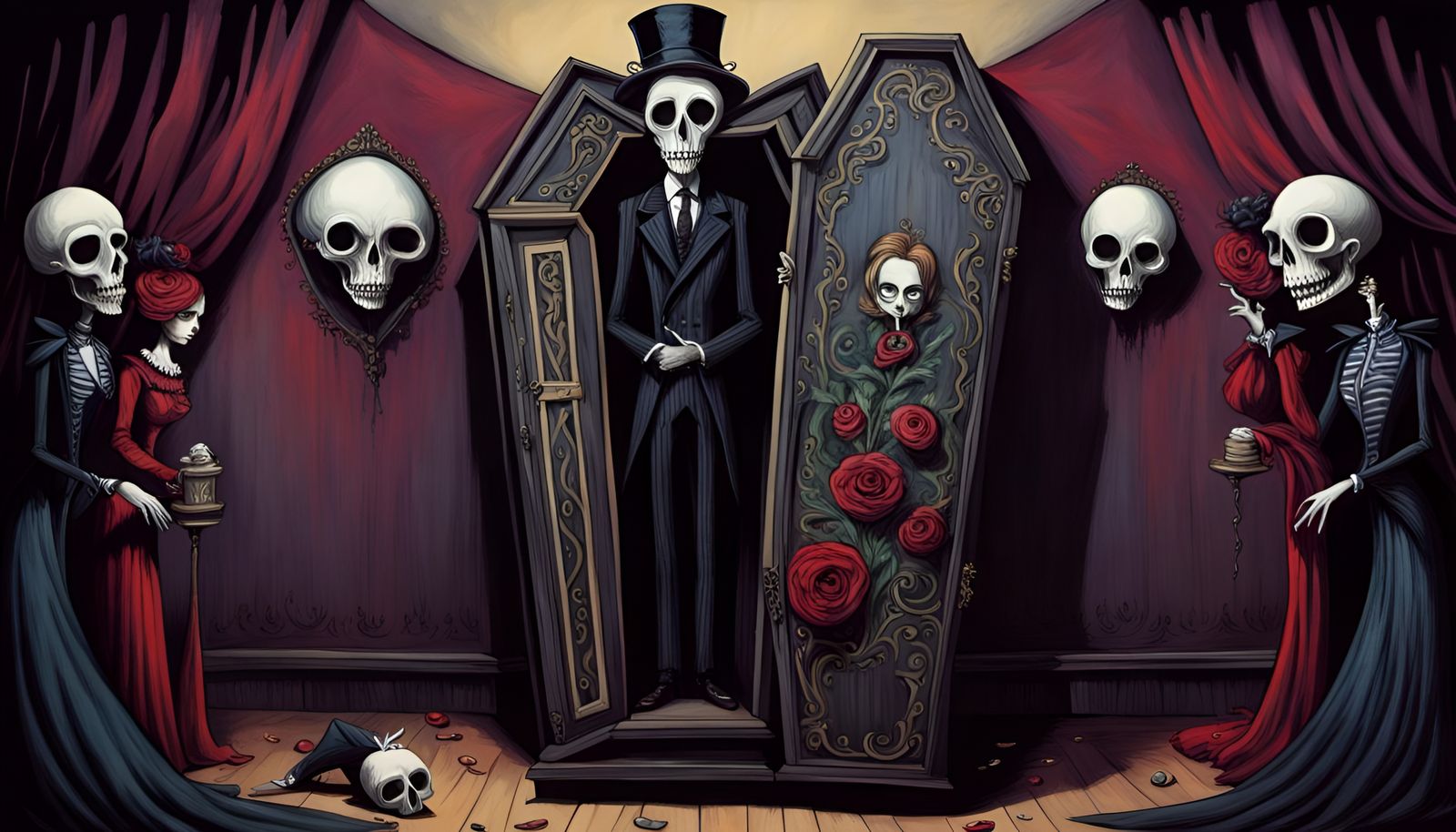 Victorian Coffin Scene in Burtonesque Style