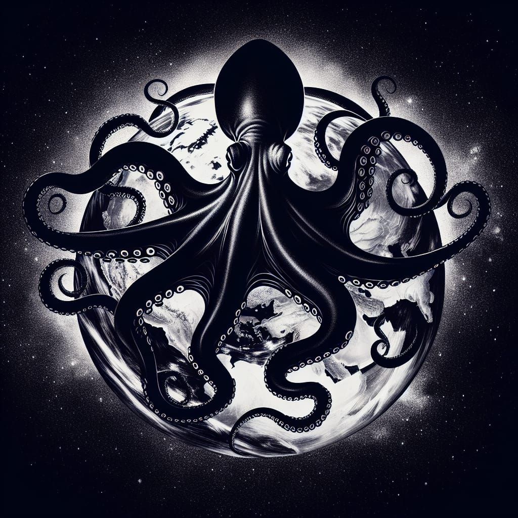 Black Octopus Encircling Black Earth in Cosmic Silhouette