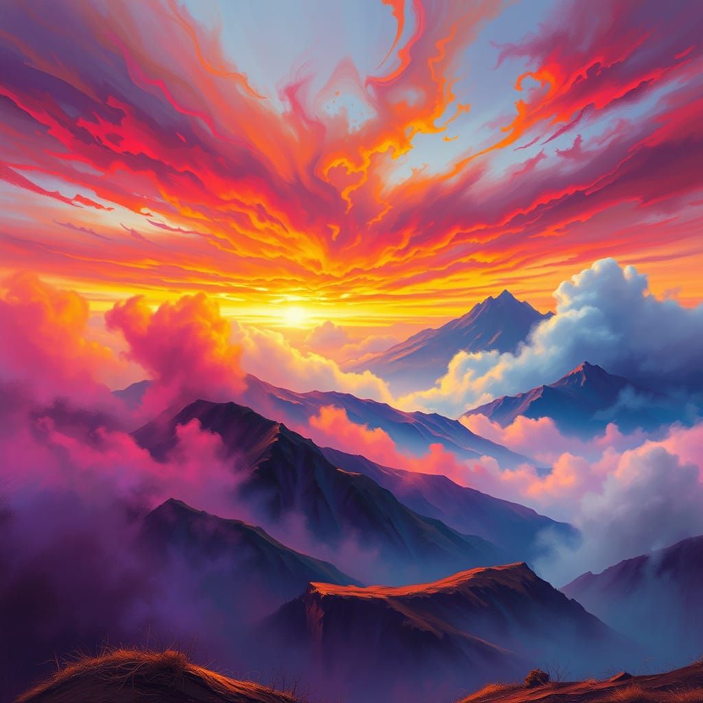Vibrant, Swirling Landscape of Majestic Mountains and Undula...