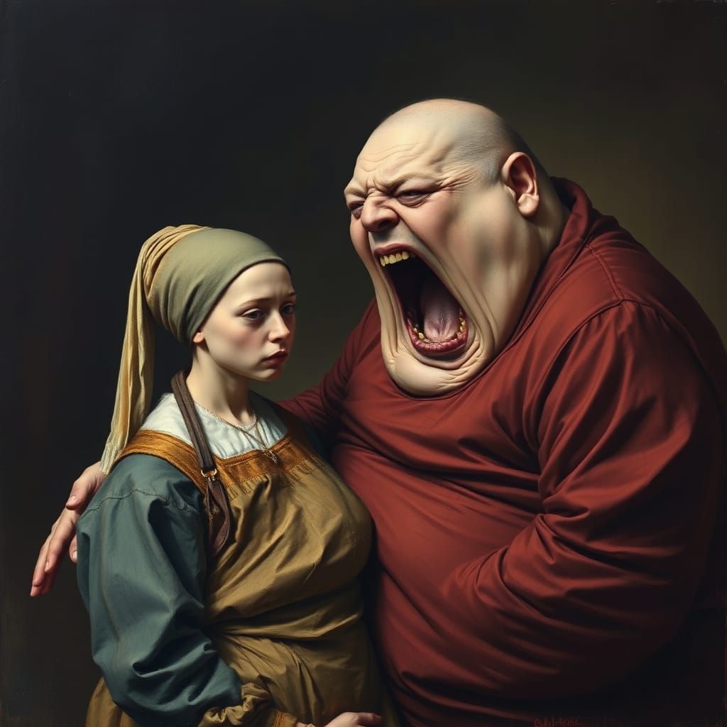 Obese Scream Gazing at Starving Girl with Pearl Earring