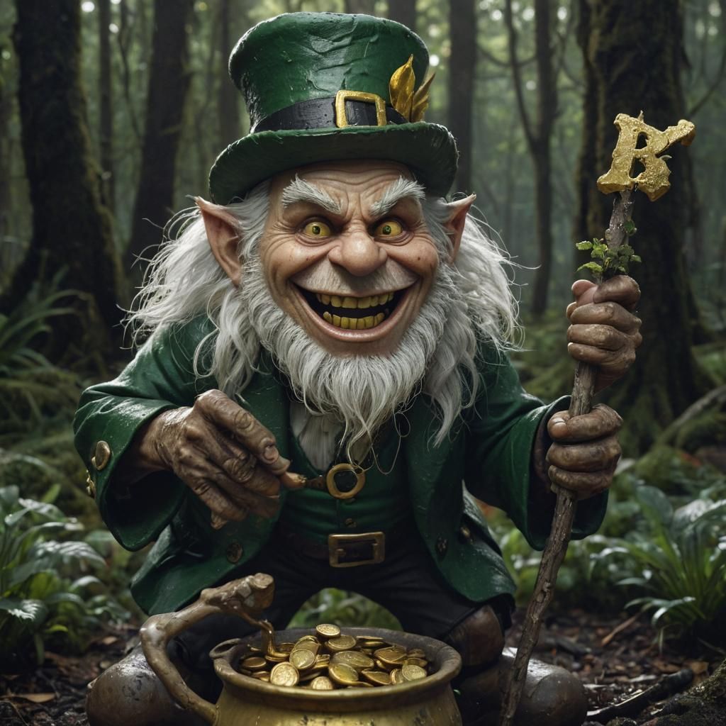 Cane-Wielding Leprechaun with Pot of Gold