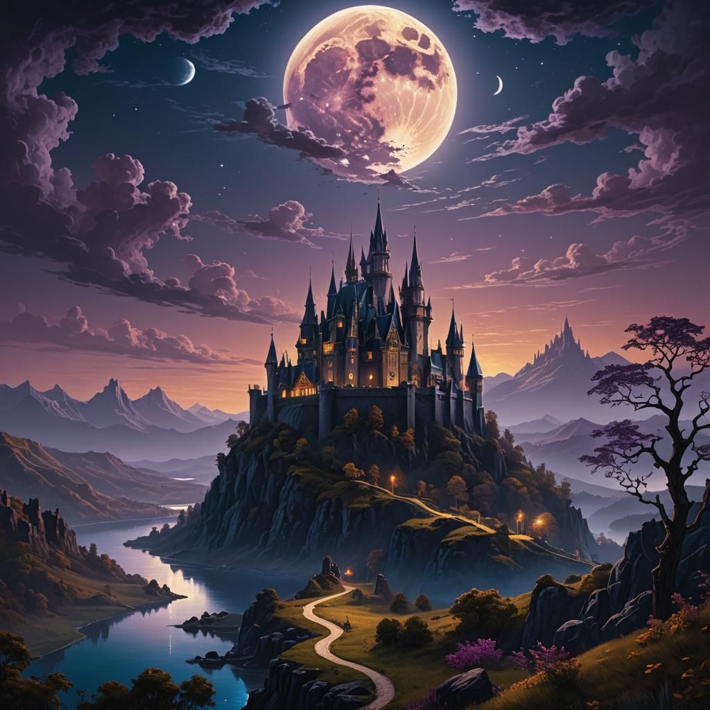 Dreamlike Gothic Castle Landscape in Romantic Style