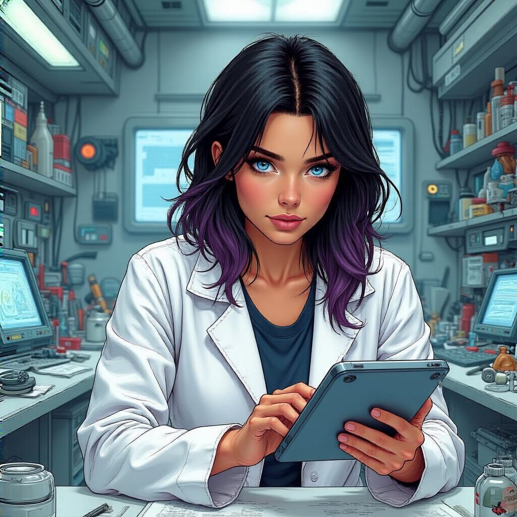 Woman in Tech Lab: Comic Book Art Style