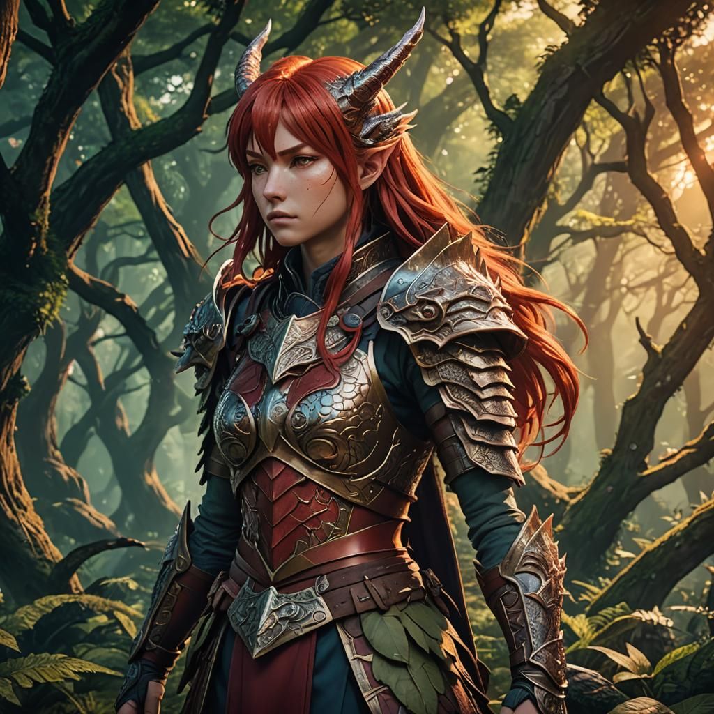 Anime Dragon Warrior in Mystical Forest