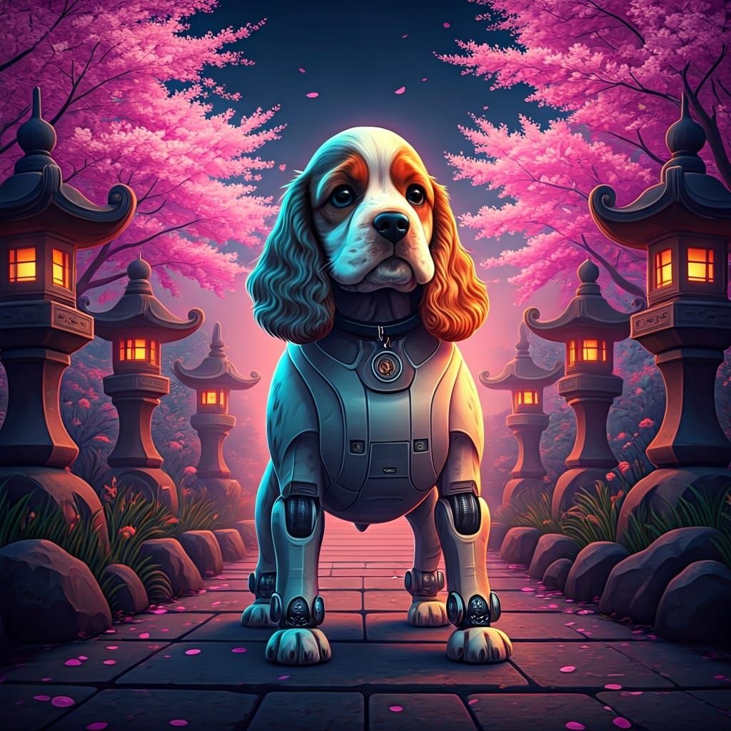 Futuristic Cocker Spaniel Robot in Japanese Garden
