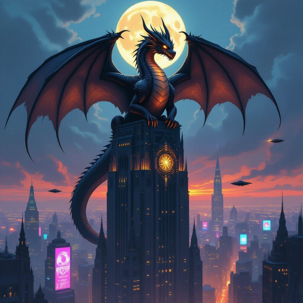 Colossal Obsidian Dragon Over Cyberpunk City