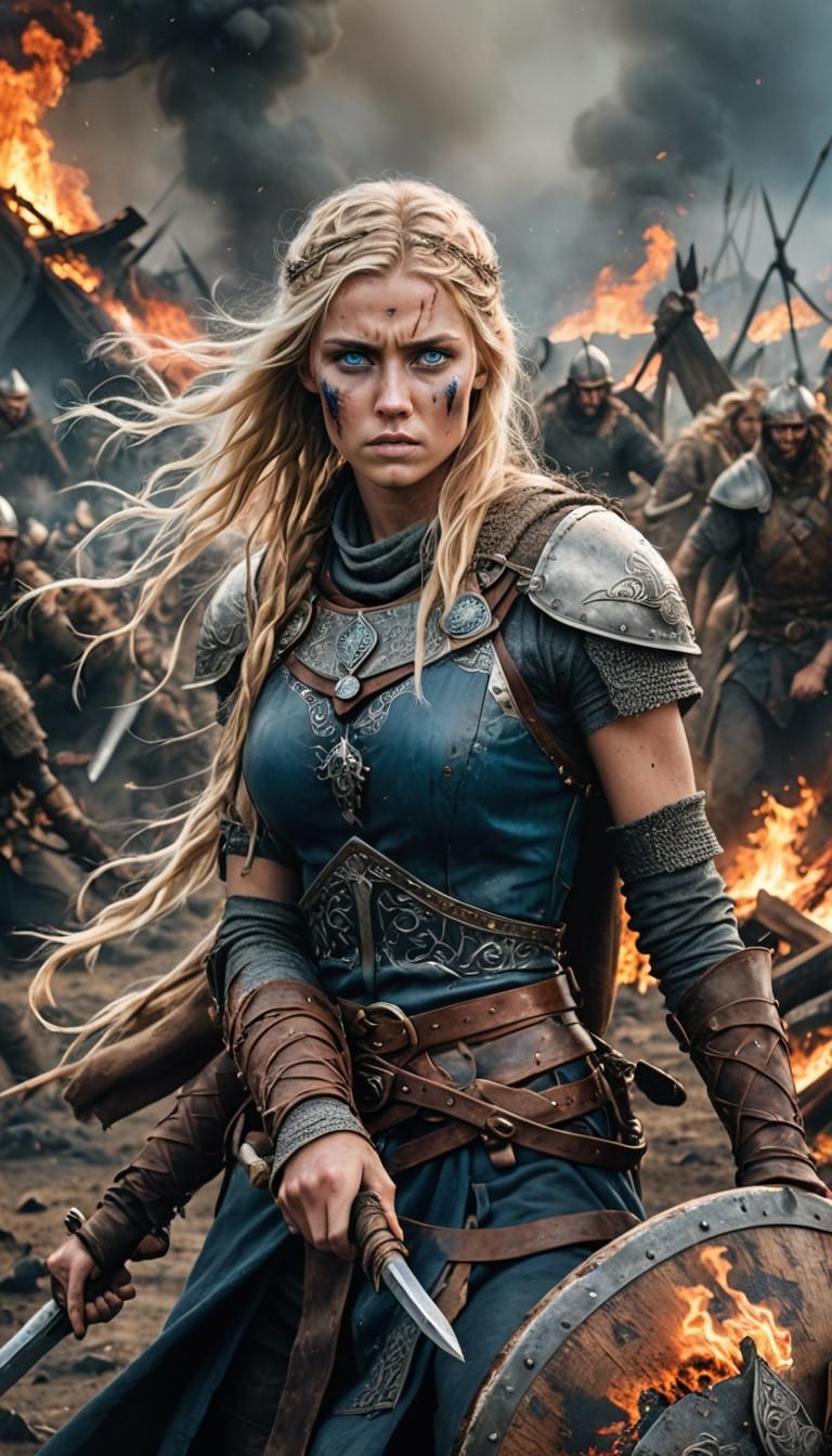 Viking Female Warrior on a Blazing Battlefield