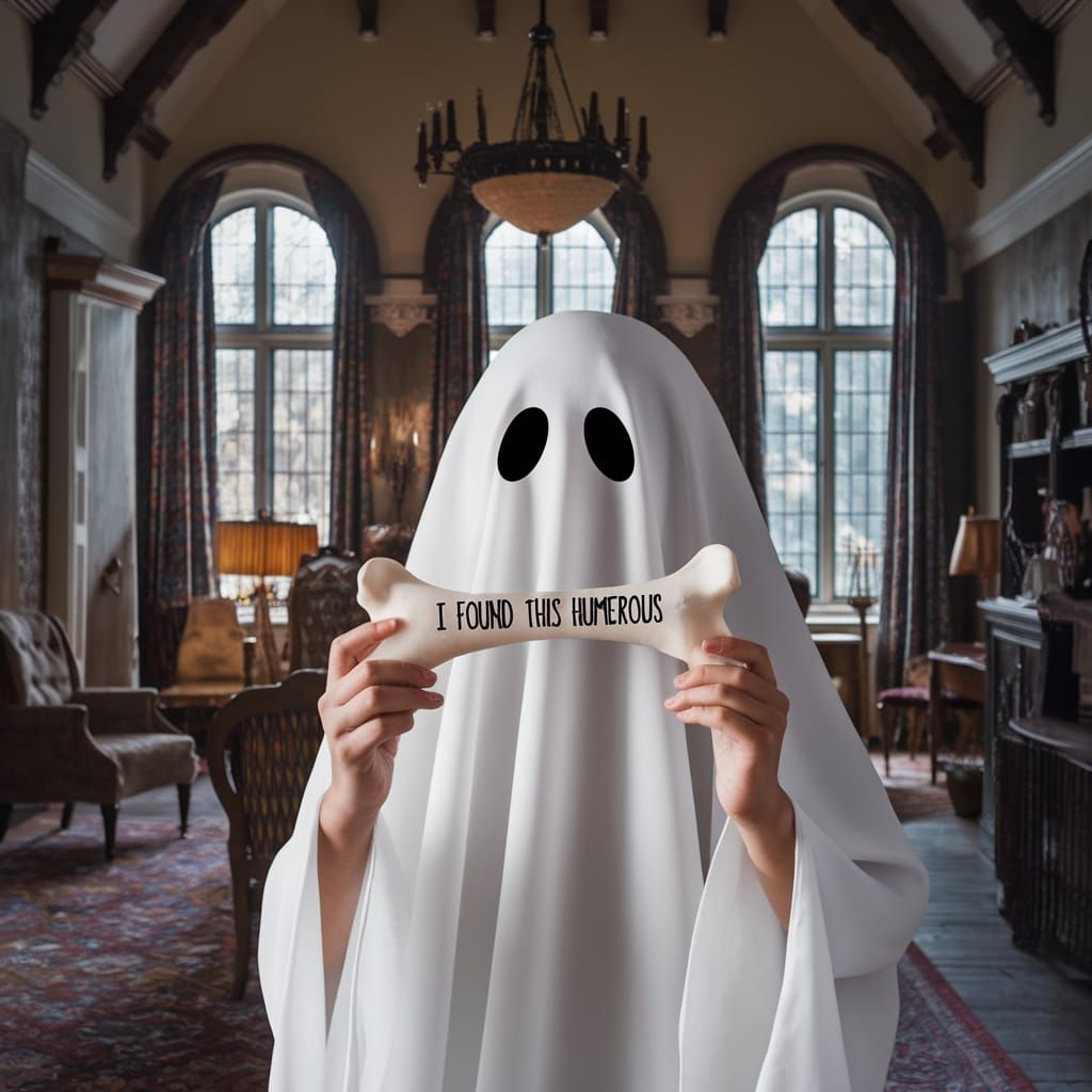 Text saying  I Found this humerous
Ghost holding a funny bon...