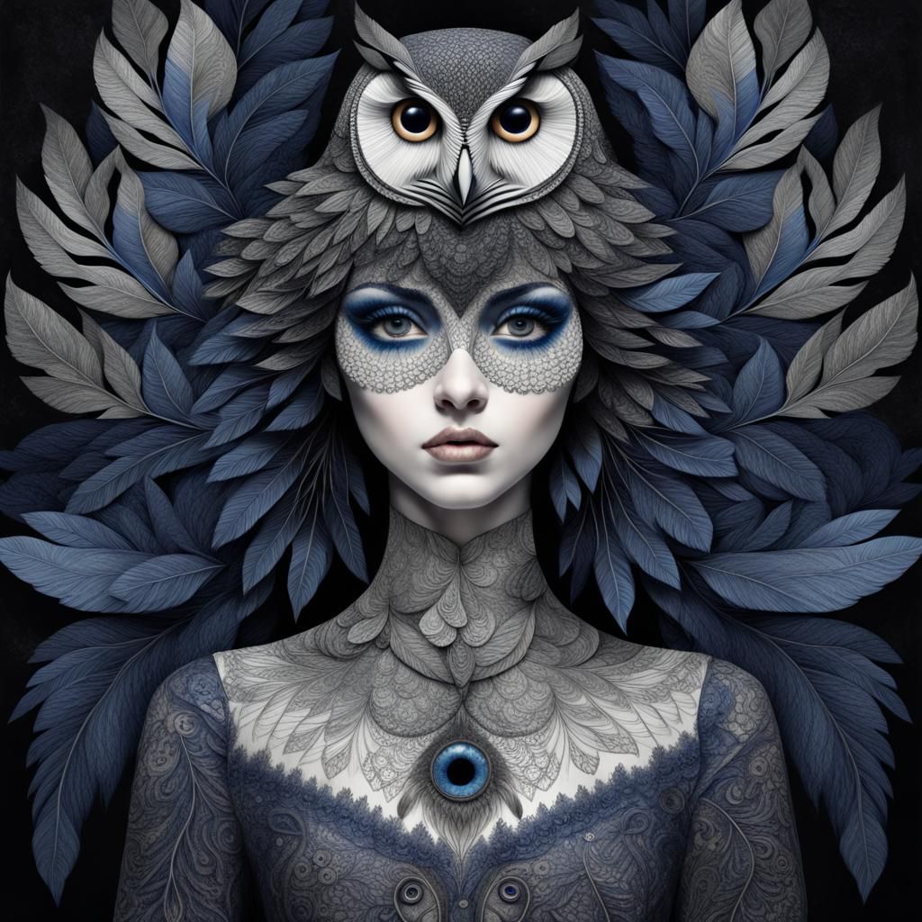 Owl-Faced Woman with Fractal Feathers