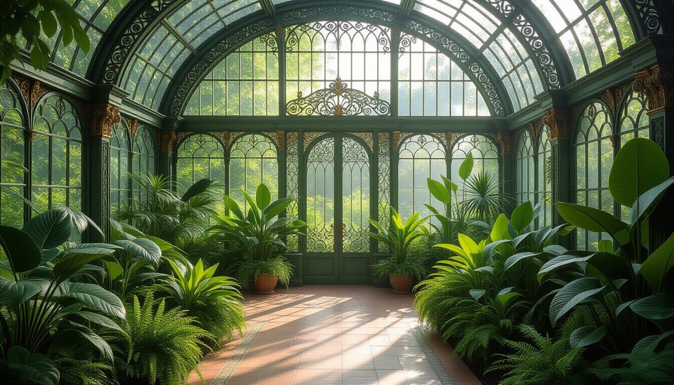 Art Nouveau Greenhouse with Lush Plants and Sunlight