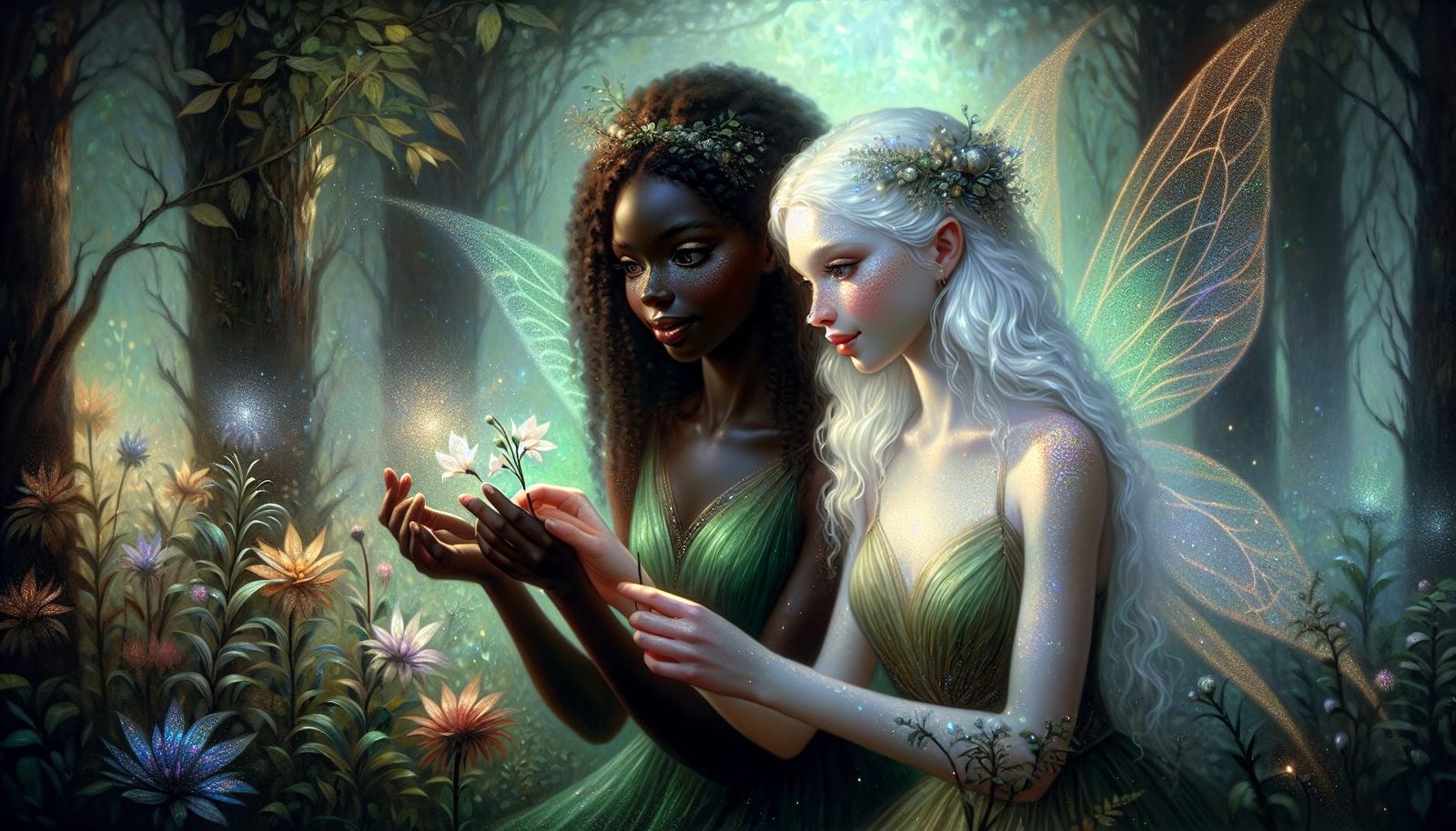Surreal Fantasy Scene of Fairy Companions in Verdant Forest