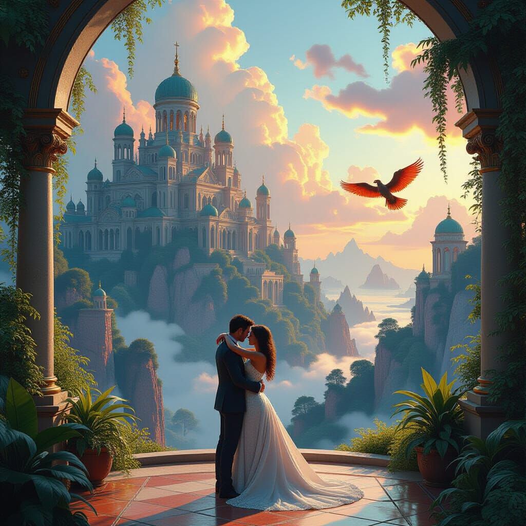 Lovers Embrace in Vibrant Fantasy Landscape