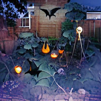 Spooky Halloween Garden with Pumpkins and Bats
