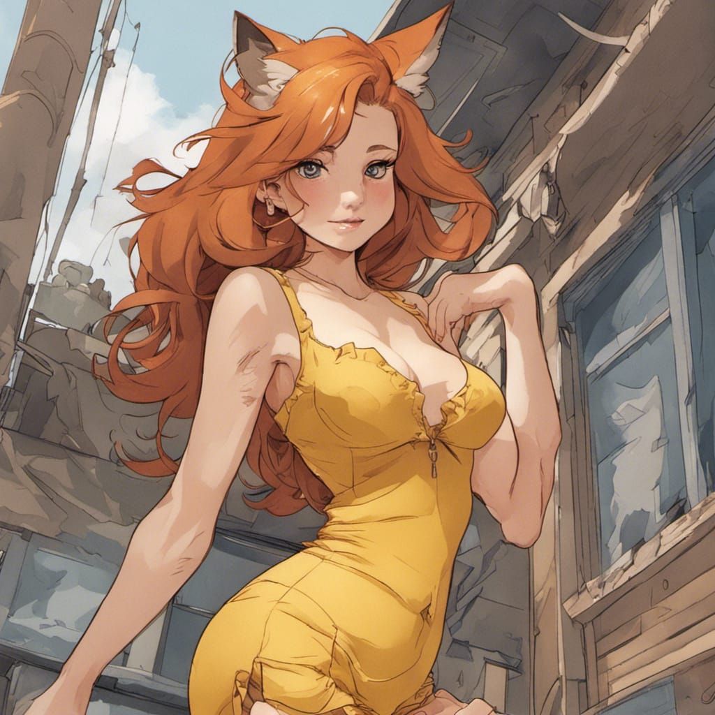 Adorable ginger Fox-girl VIXEN smiling softly, wearing a yellow jumper.