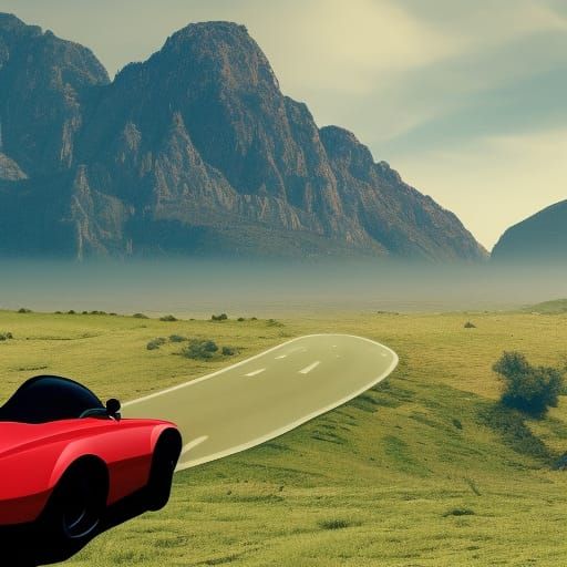 Sports Car at Valley Viewpoint in Retrofuturism Style