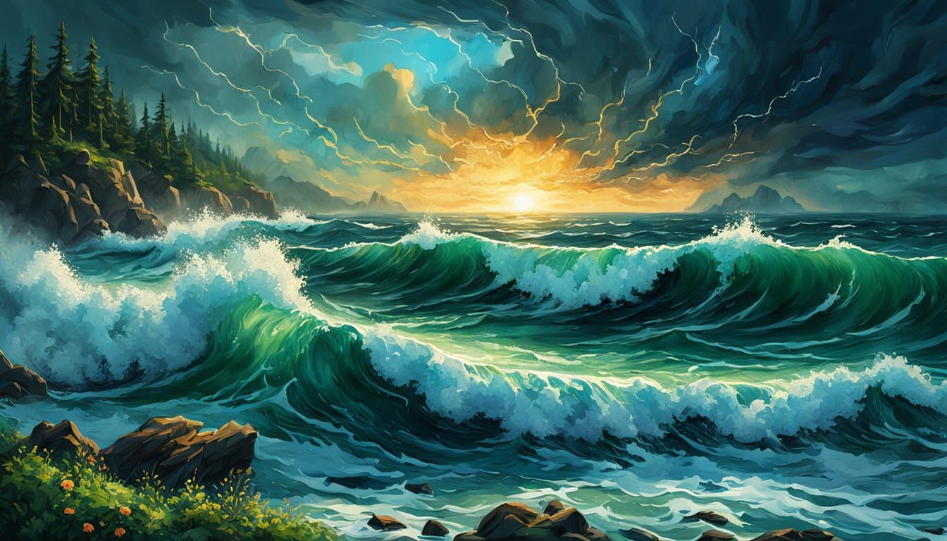 Nature's Fury on Stormy Sea as Vibrant Digital Painting