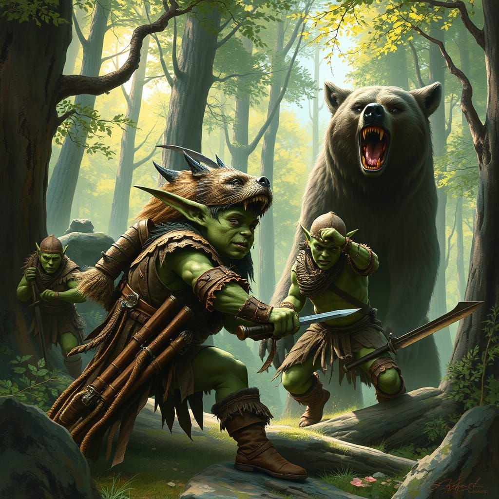 Goblin Tribe Warriors Fight Giant Bear
