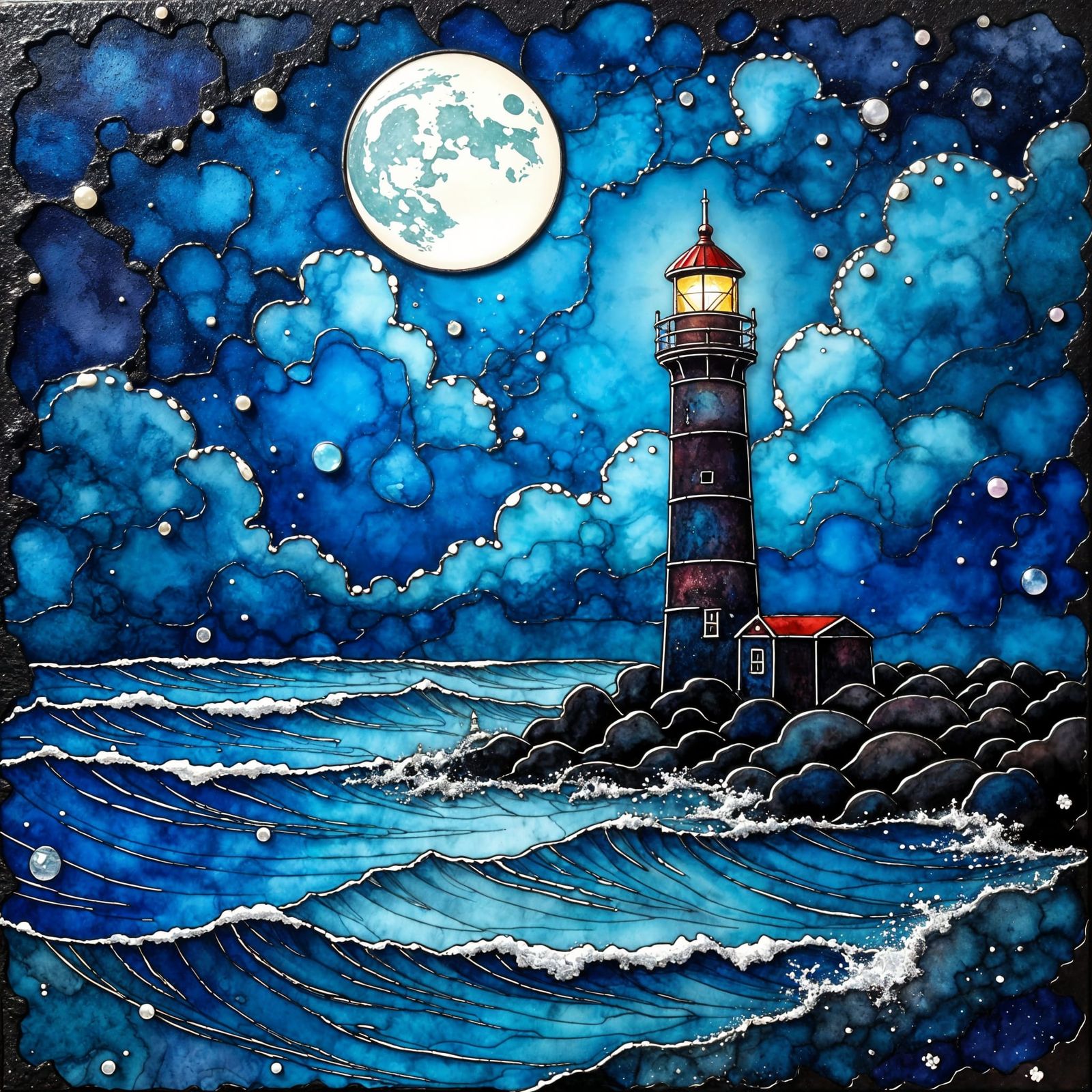Stormy Night Lighthouse Scene in Vibrant Stained Glass Style