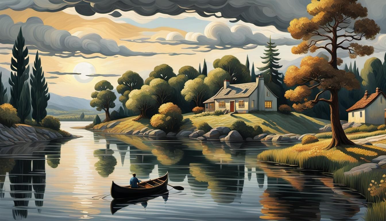 Idyllic Lakeside Village at Dawn in Impasto Style