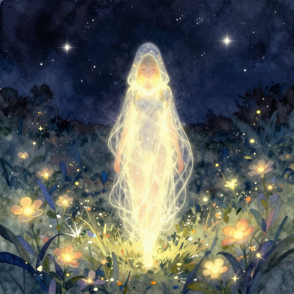 Ethereal Figure in Bioluminescent Flower Field
