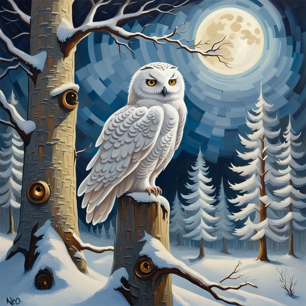 Enchanting Winter Forest with Snow Owl, Expressionist Painti...
