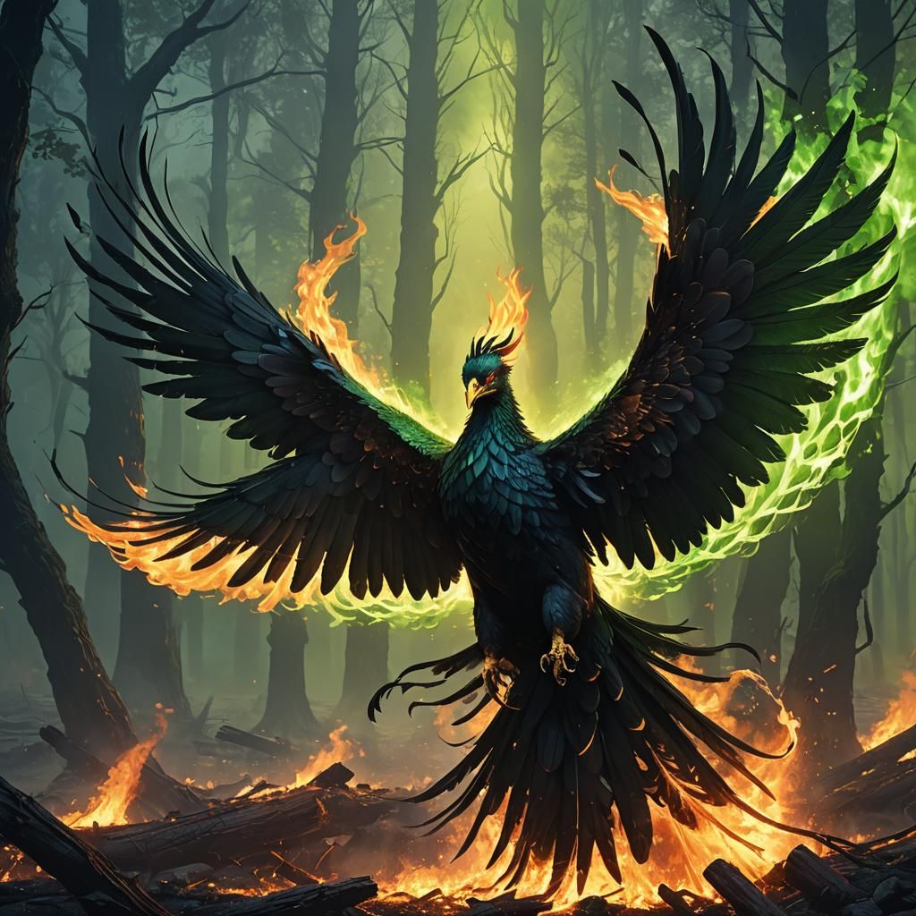 Majestic Black Phoenix in Green Fire