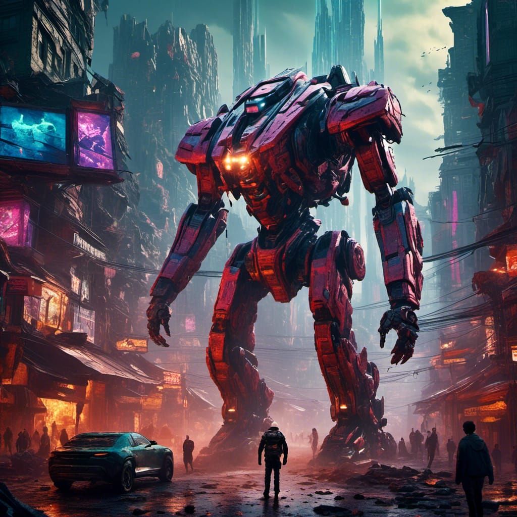 Towering Jaeger in Ruined Cyberpunk Cityscape