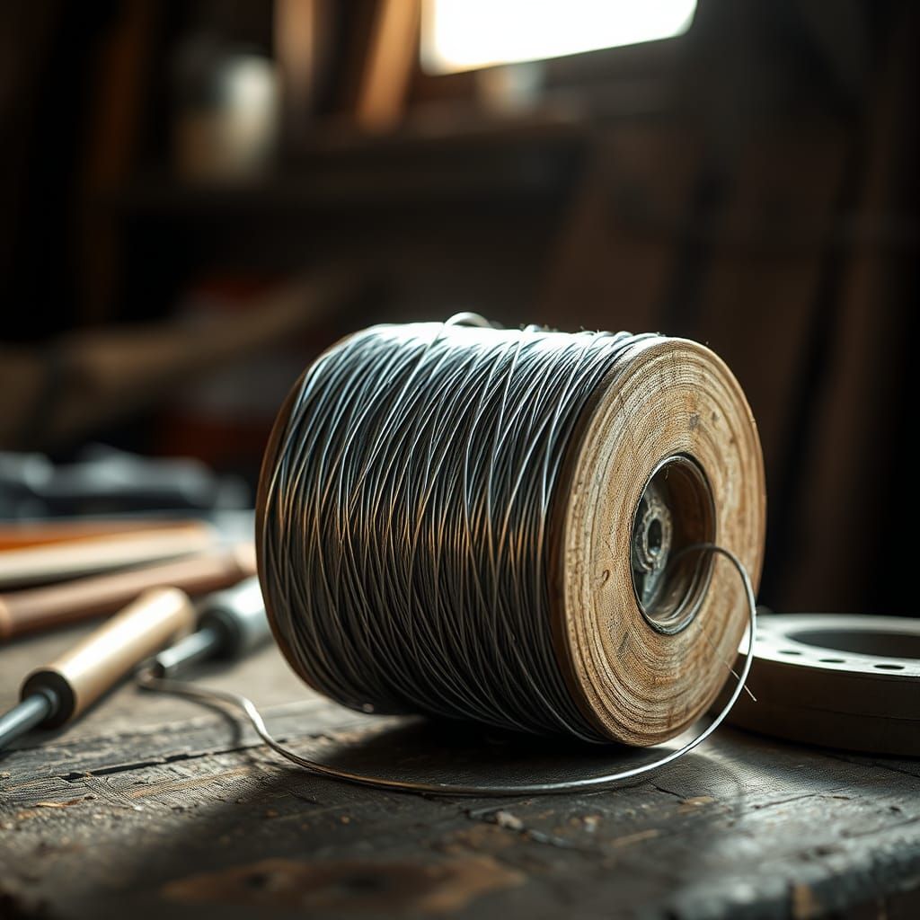 Metallic String Spool on Rustic Workbench