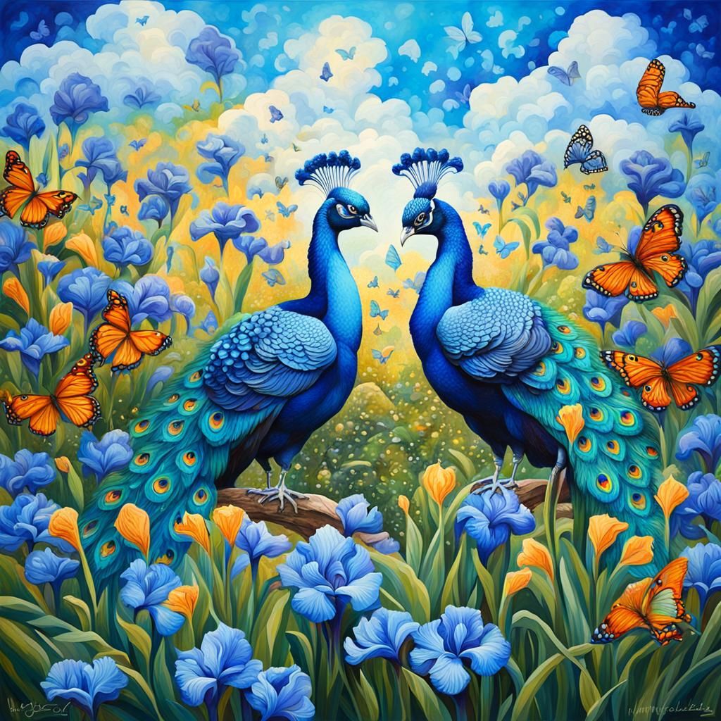 Blue peacocks in the blue Iris garden