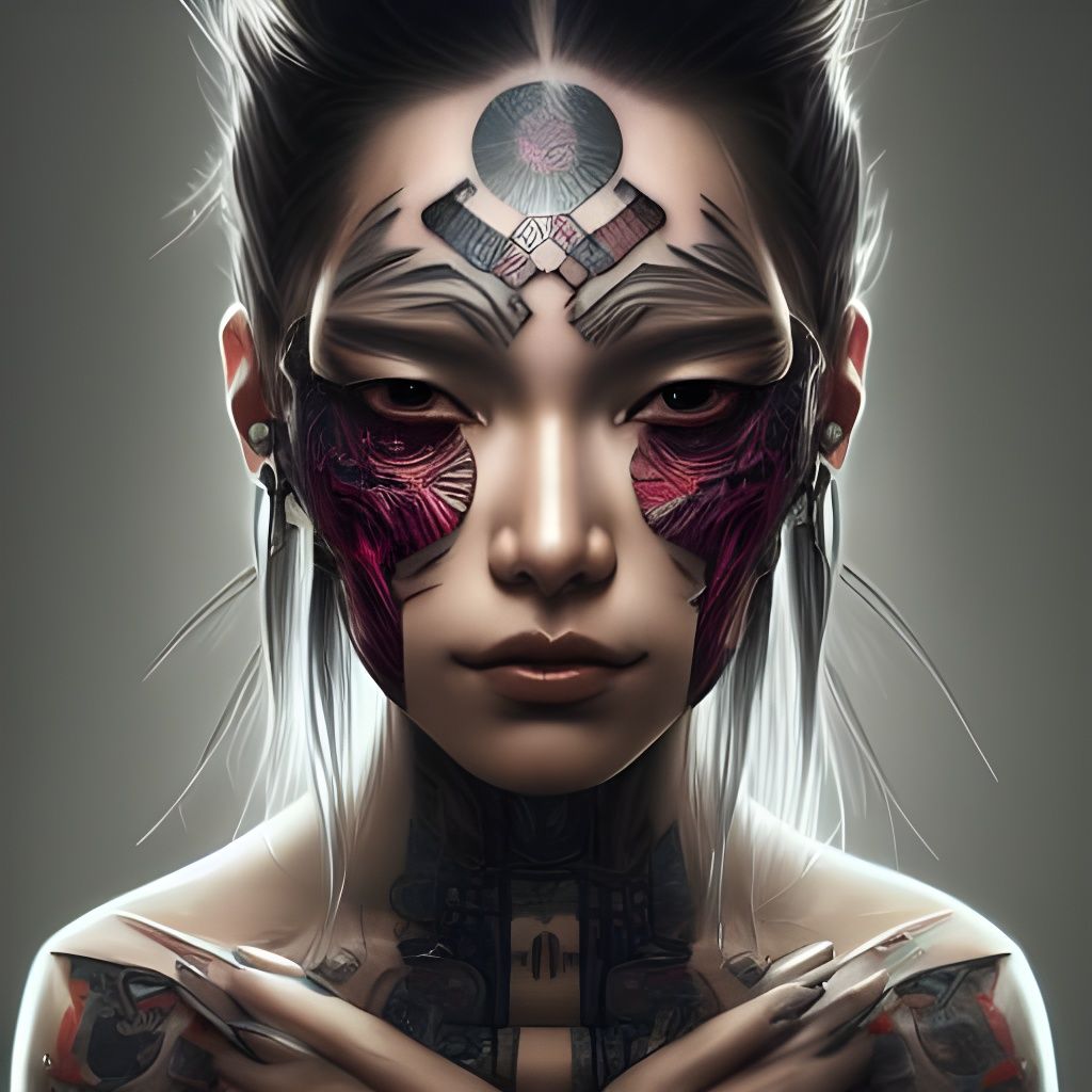 Cyborg Tattoo Girl Portrait in Hyperdetailed Style