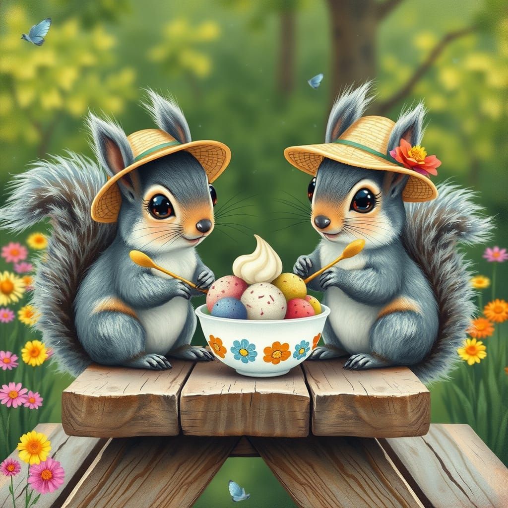 Squirrels Sharing Ice Cream: A Whimsical Illustration