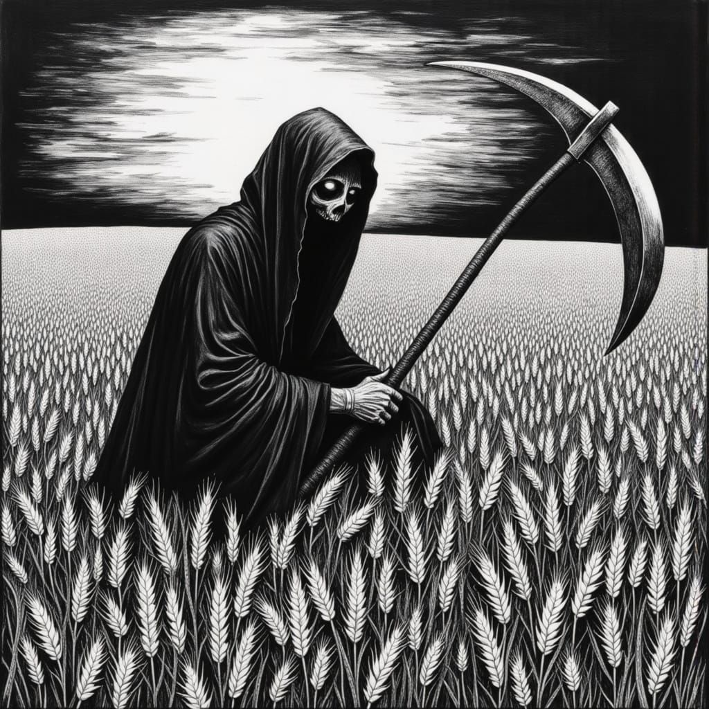 Grim Reaper Harvest in Black and White Style