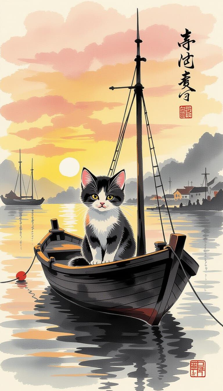 Kitten on Boat at Sunset in Ink Wash Style