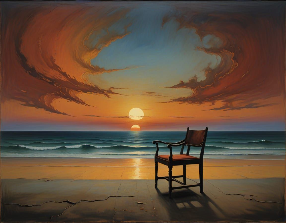 Distorted Chair in Cosmic Landscape at Sunset