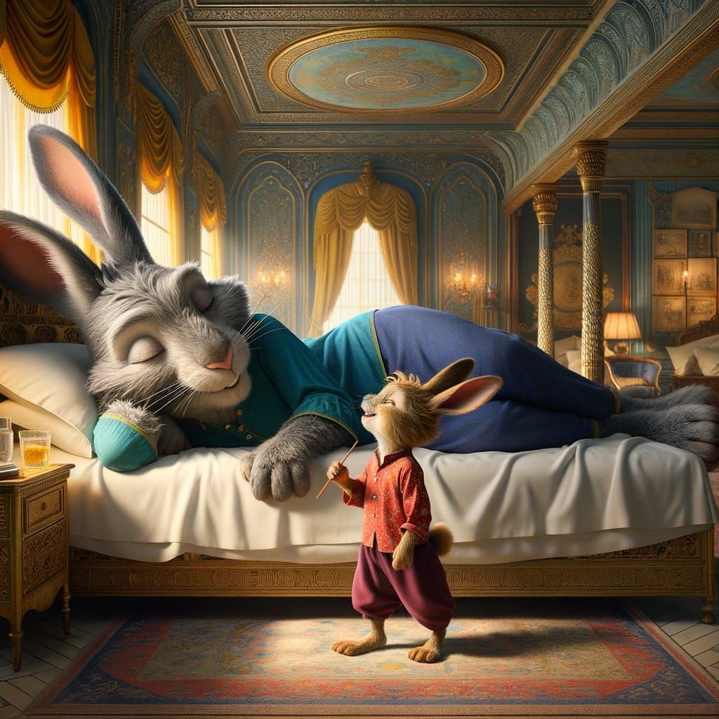 Rabbit Prank in Opulent Bedroom, Pixar-Style