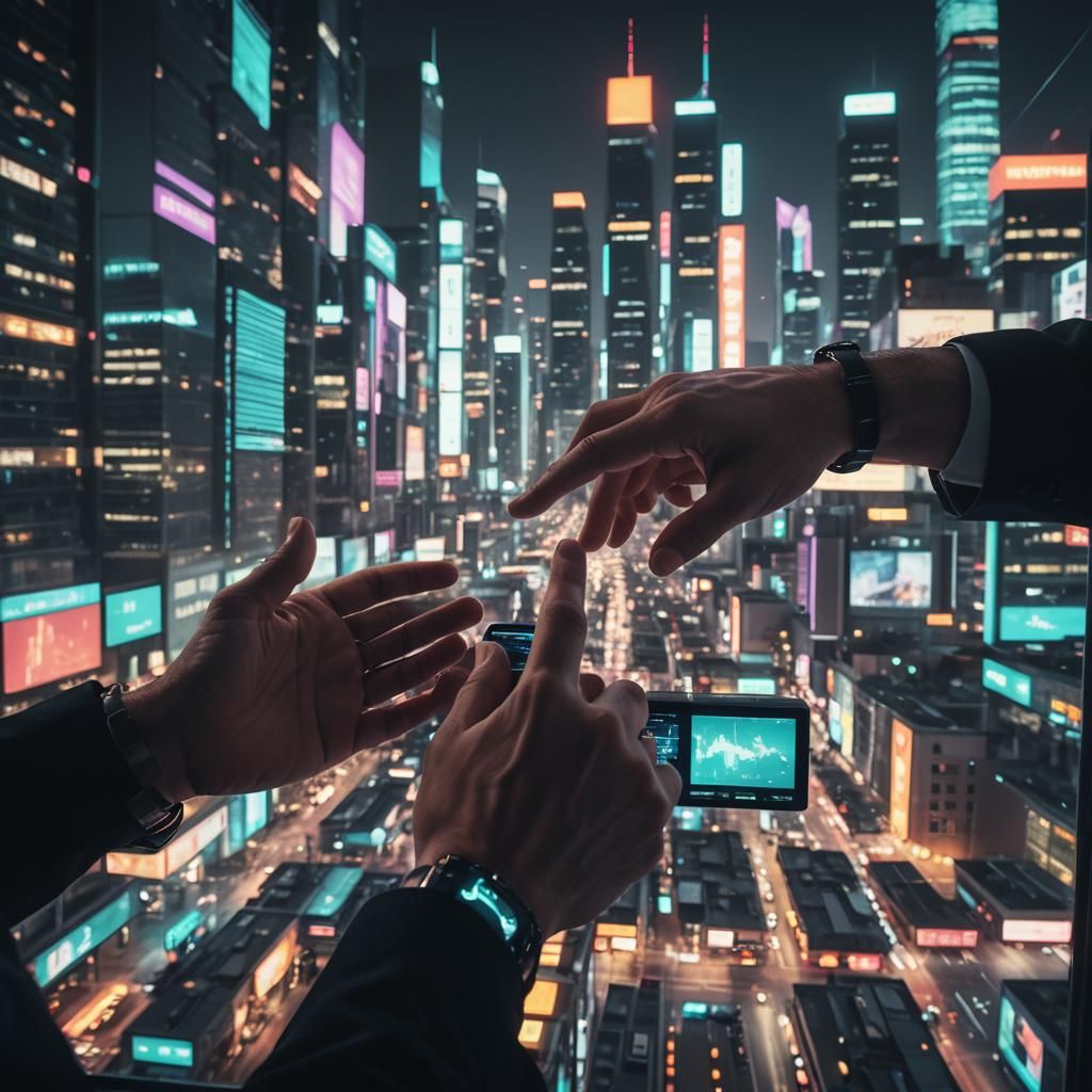 Futuristic Stock Traders in Moody Neon Cityscape