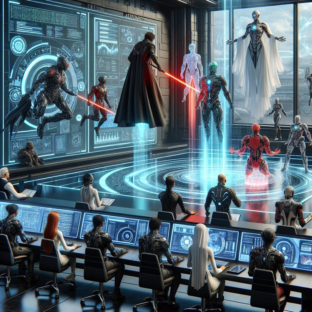 Futuristic Workspace with Holographic Screens and Robot Assi...