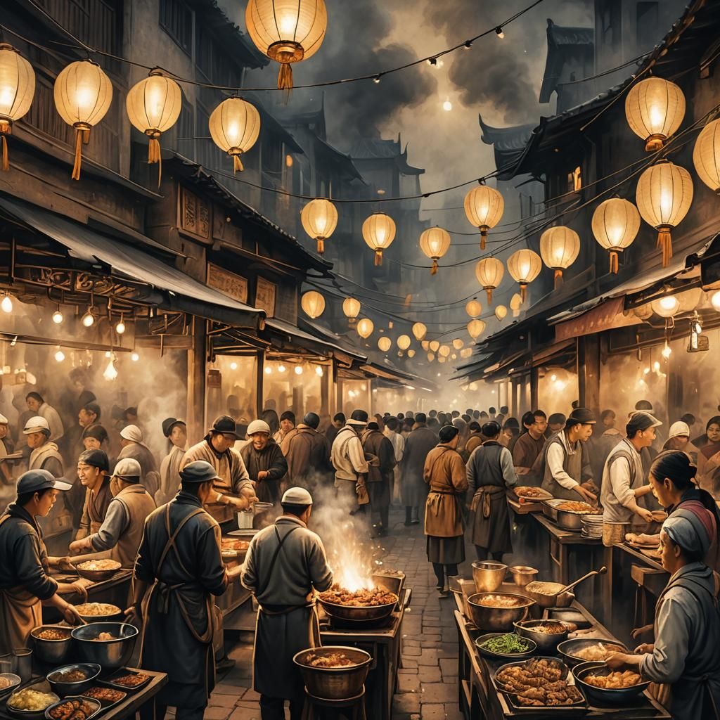 Renaissance Asian Street Food Scene: Charcoal Drawing