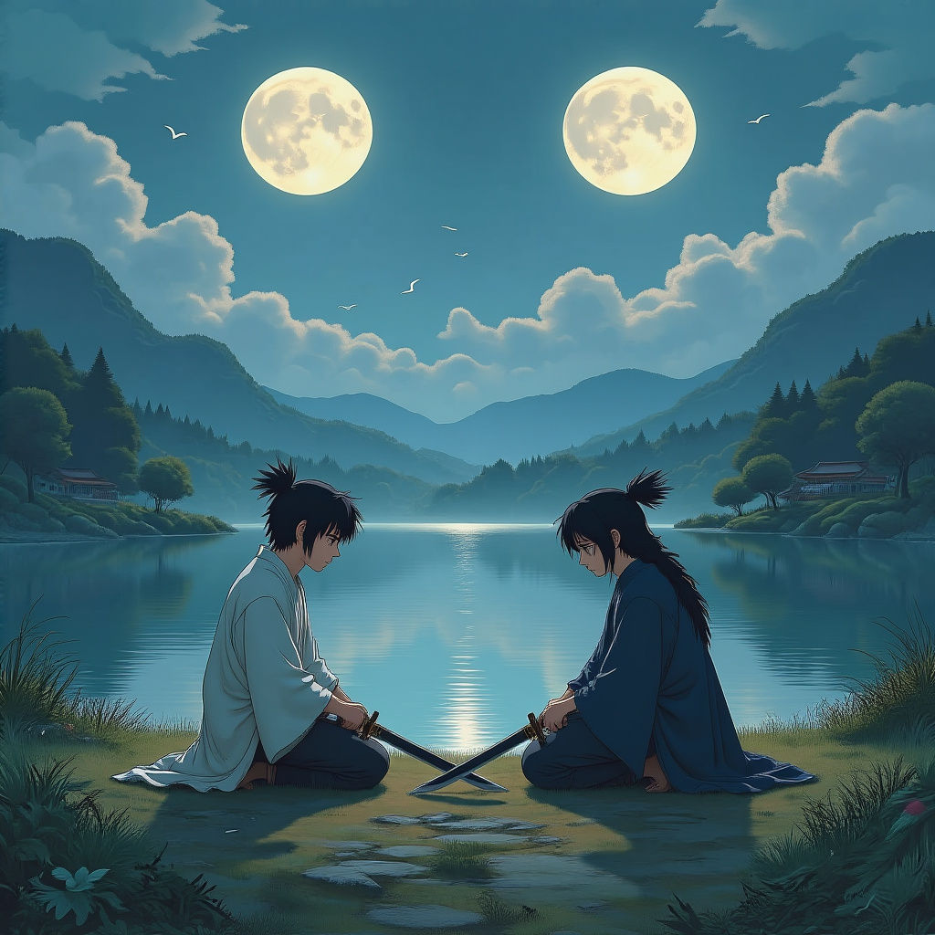 Mystical Lakeside Ritual Under Twin Moons