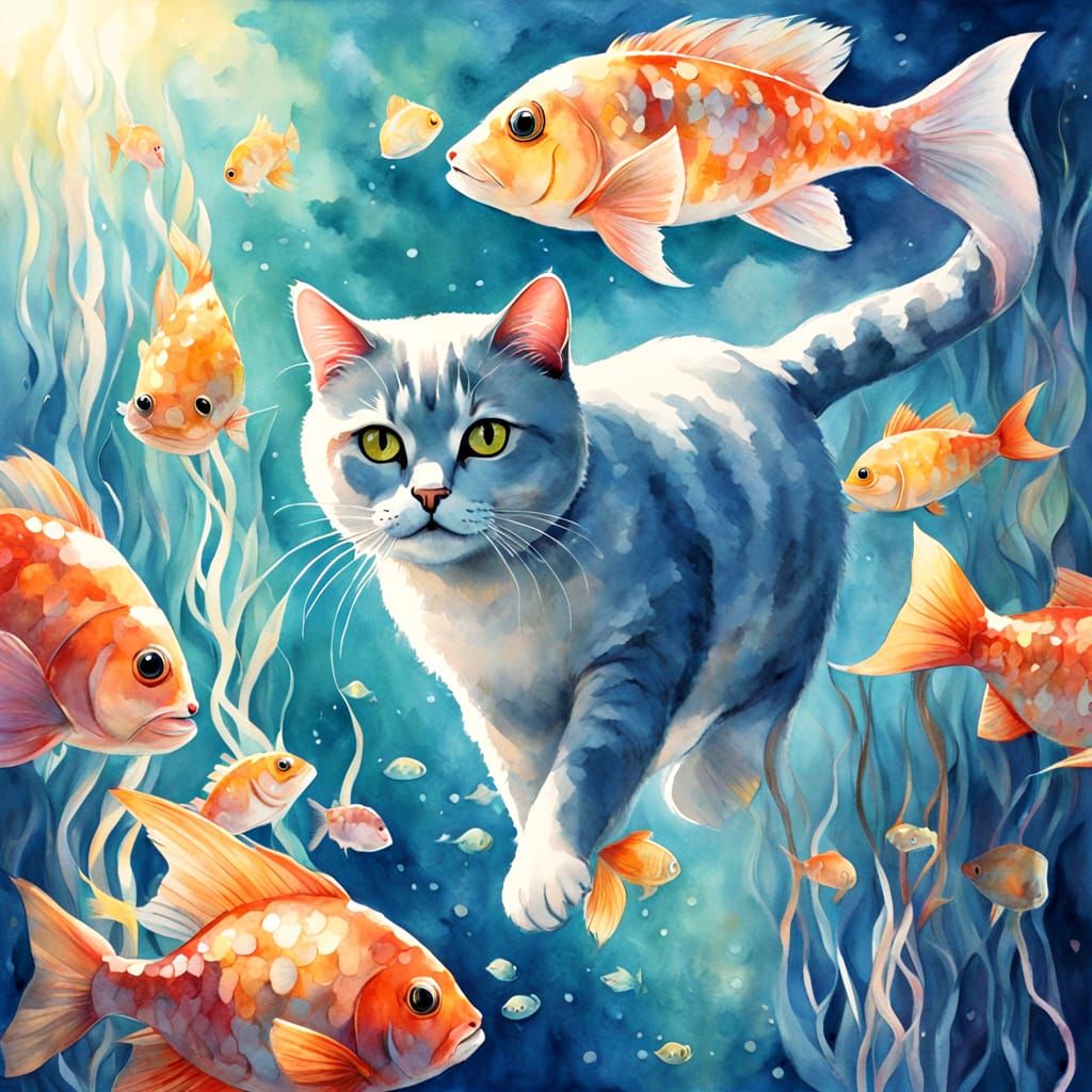 Vibrant Whimsical Cat in Underwater World