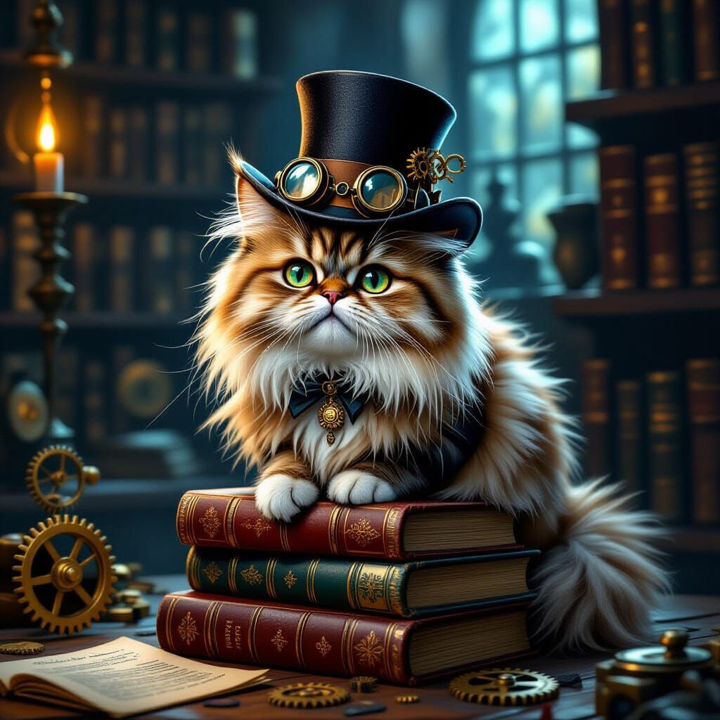 Steampunk Cat Librarian in Gothic Study