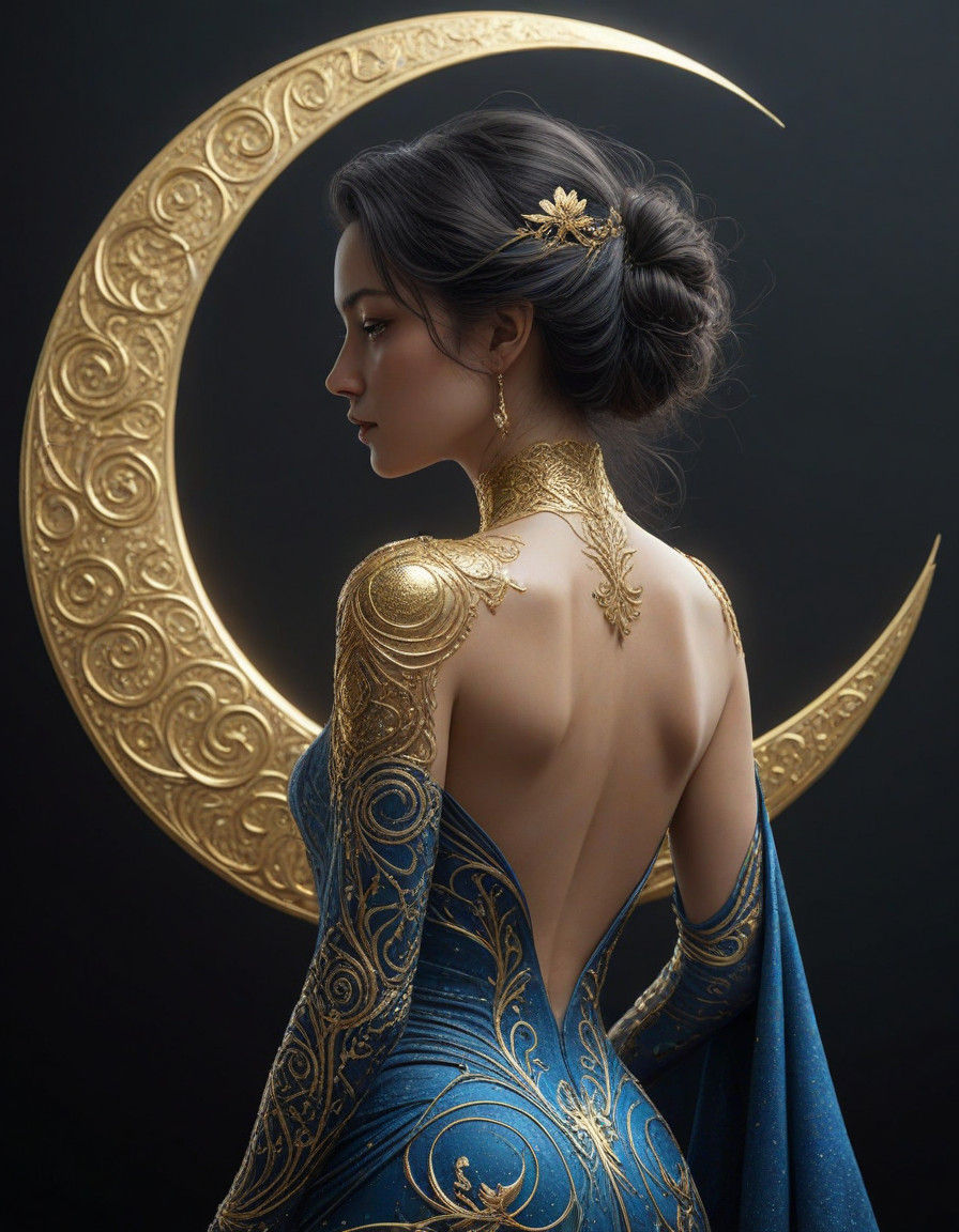 Elegant Female Silhouette Under a Golden Moon in Modern Abst...